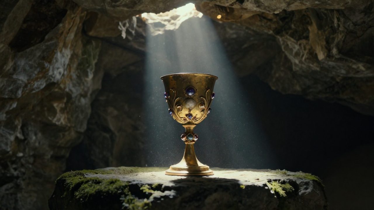 Cáliz dorado con gemas sobre un altar de piedra en una cueva iluminada por un rayo de sol.