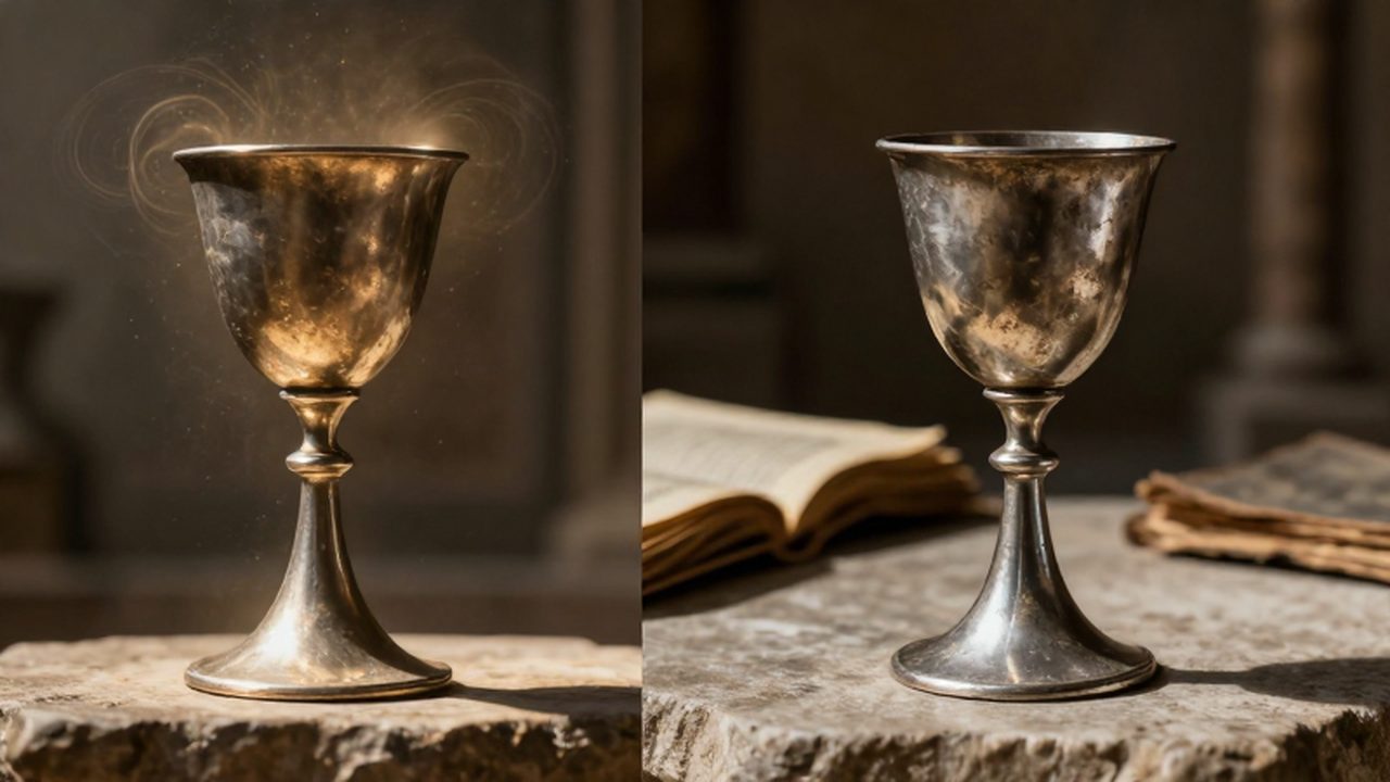 Cáliz medieval sobre un altar de piedra con una transición entre luz mística y realismo histórico.