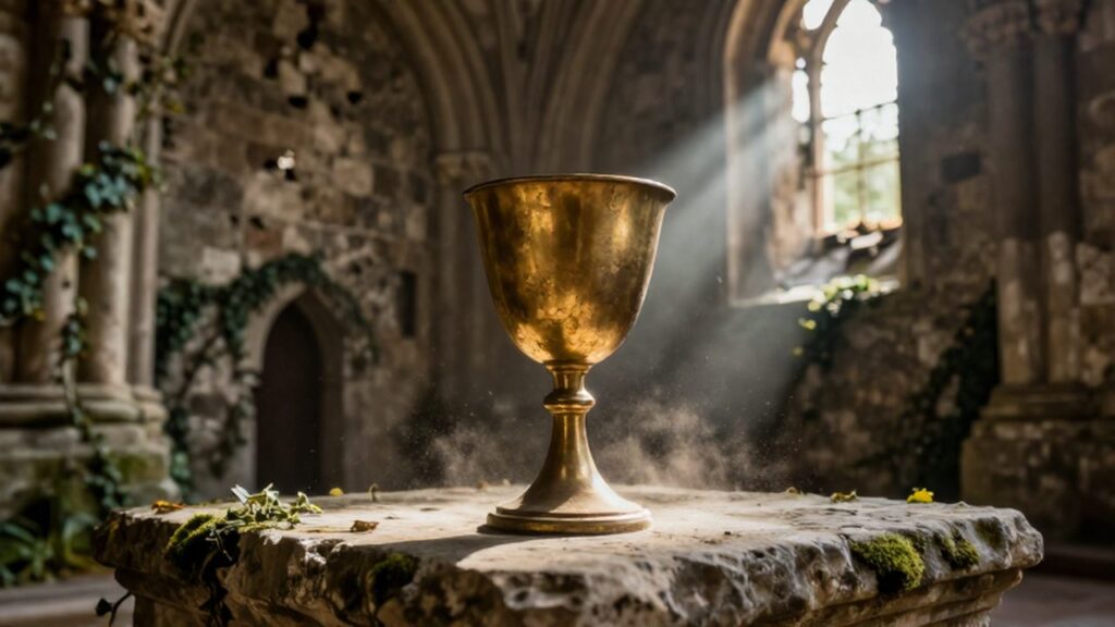 Cáliz de oro desgastado sobre un altar de piedra en las ruinas de una capilla medieval.