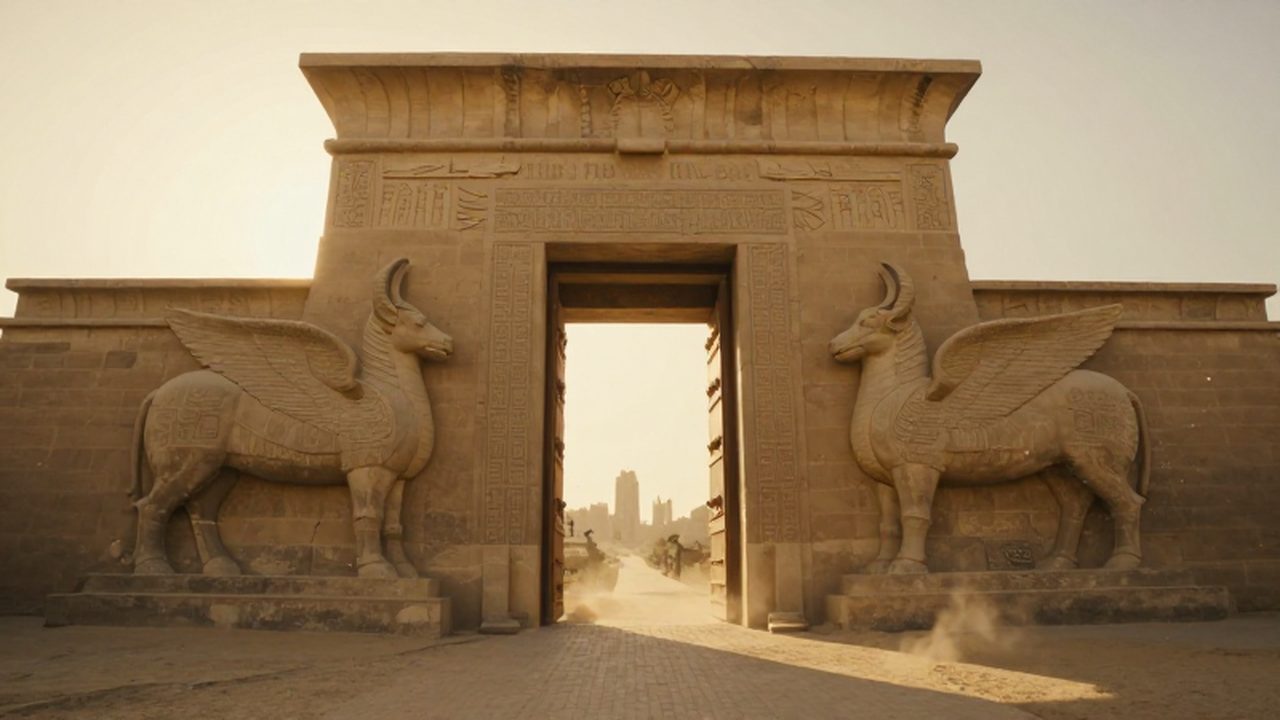 Gran puerta monumental de la antigua Mesopotamia flanqueada por relieves de toros alados Lamassu.