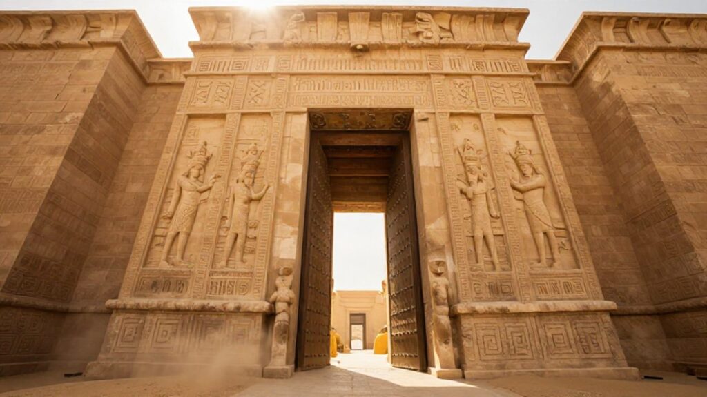 Monumental puerta de piedra de una ciudad mesopotámica con relieves de deidades y puertas de madera.