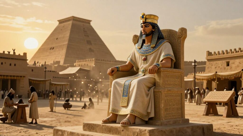 Rey mesopotámico con joyas de lapislázuli sentado en su trono frente a un zigurat al atardecer.