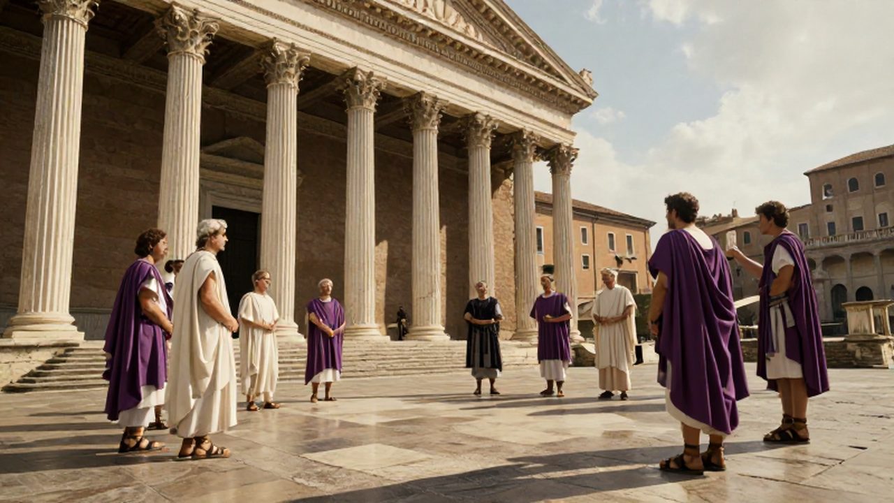Senadores romanos debatiendo con togas blancas y púrpuras en una monumental estructura de columnas.