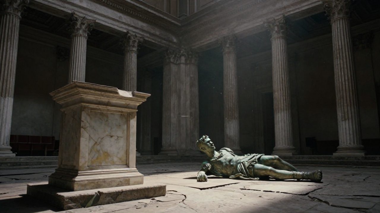 Busto de bronce de un César caído sobre el suelo de un senado romano en ruinas.
