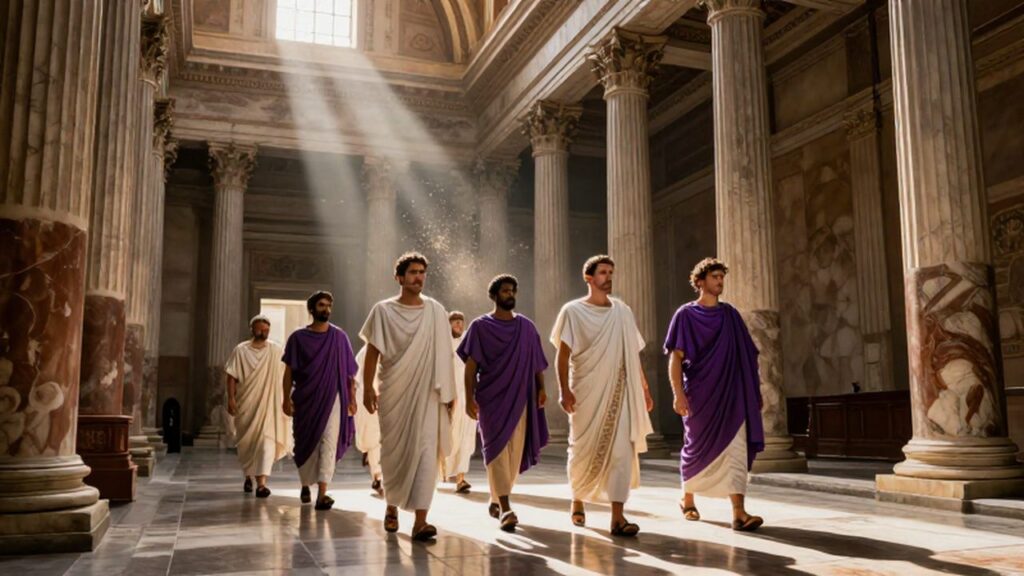 Senadores romanos con togas blancas y púrpuras caminan por una majestuosa cámara de mármol iluminada por el sol.
