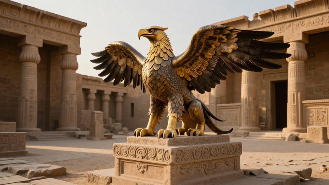 Grifo mitológico con cabeza de águila y cuerpo de león sobre un pedestal en un templo mesopotámico.