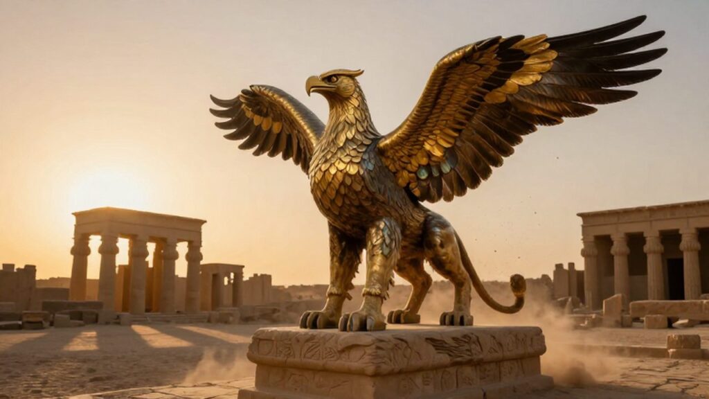 Gryphon con cuerpo de león y alas de águila sobre un pedestal en ruinas mesopotámicas.