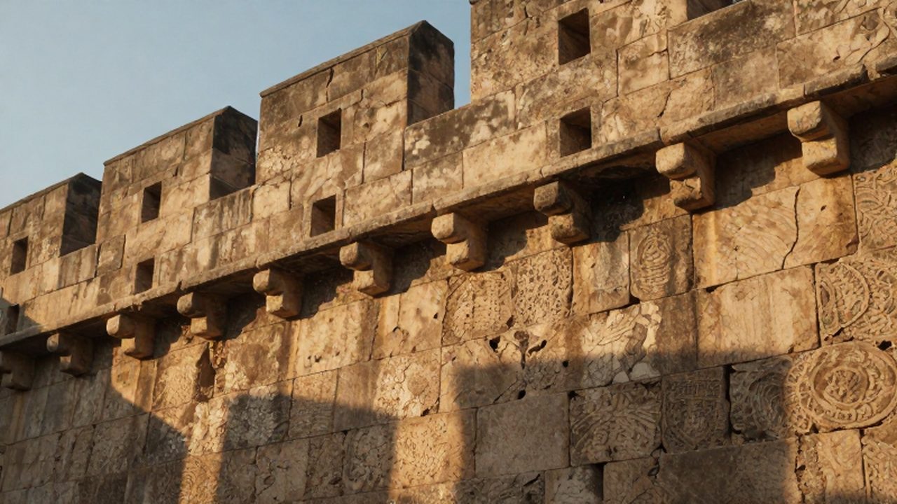 Muro de piedra antigua con almenas desgastadas bajo la luz cálida del atardecer.