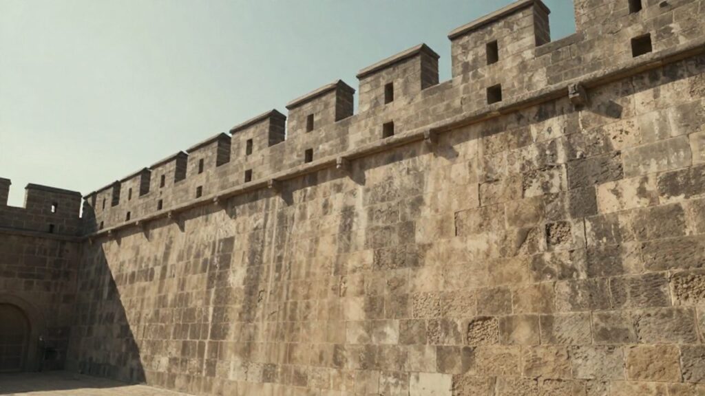 Muralla de piedra caliza con almenas rectangulares bajo una luz solar intensa.