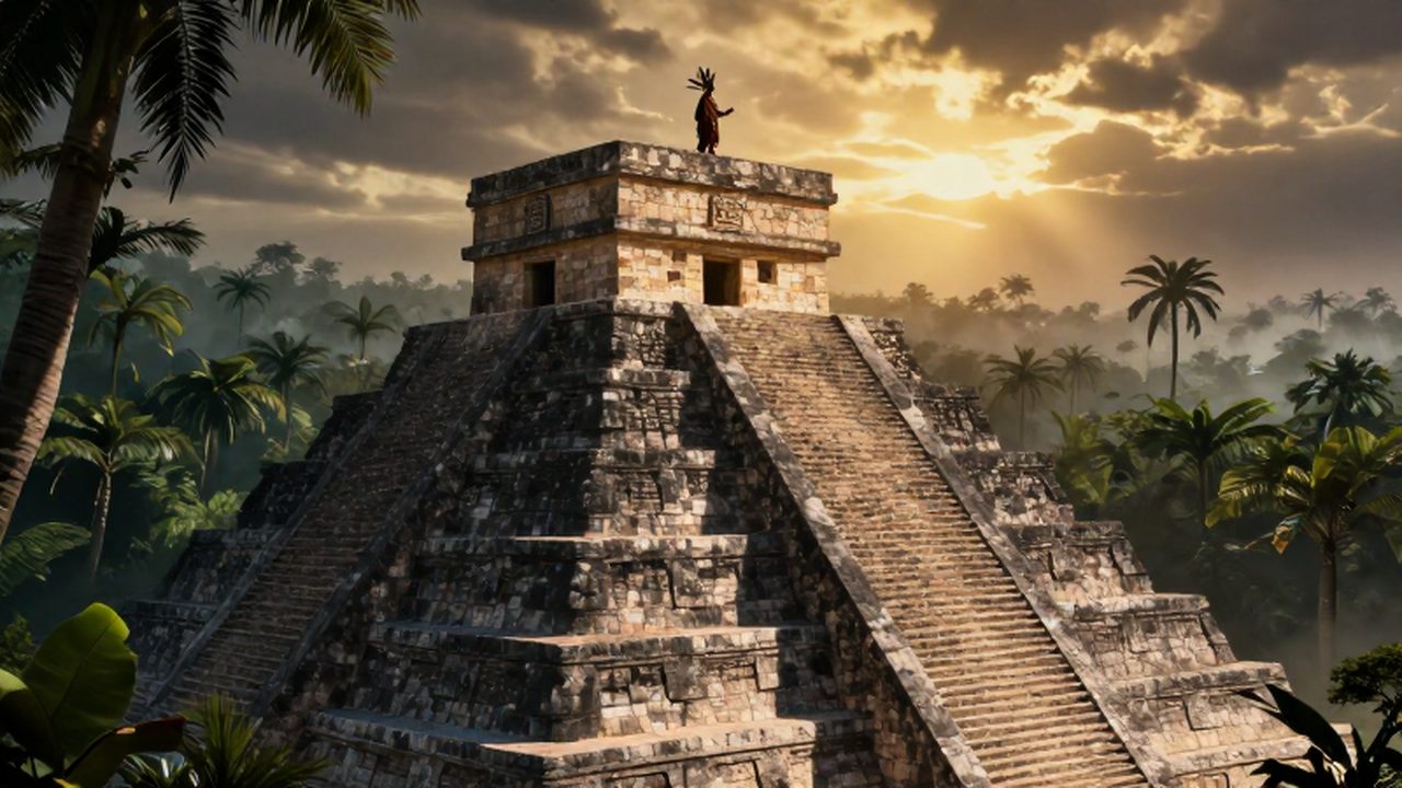 Un sacerdote azteca con tocado de plumas contempla el horizonte desde la cima de una pirámide entre la selva.