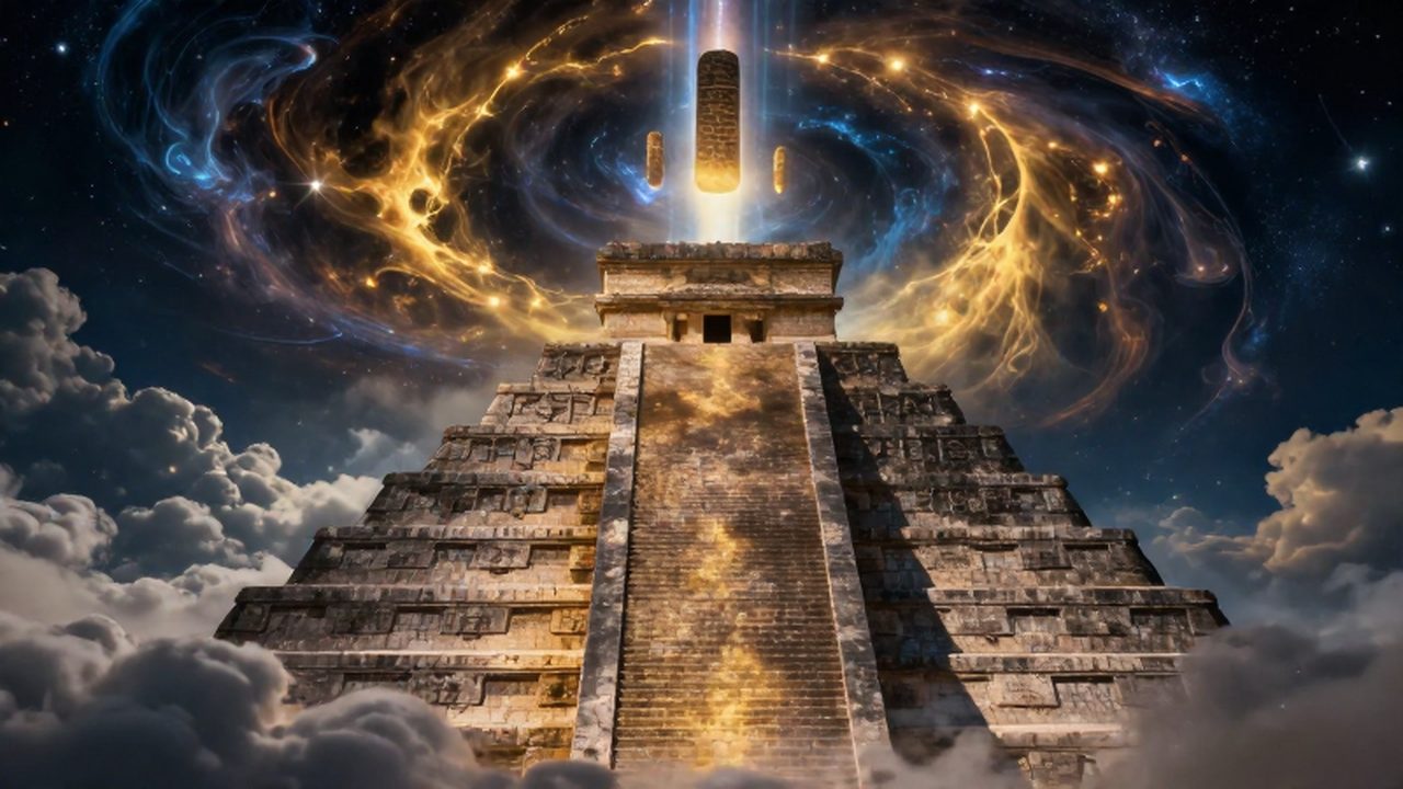 Pirámide azteca monumental rodeada de nubes celestiales y monolitos de obsidiana flotantes entre nebulosas doradas.