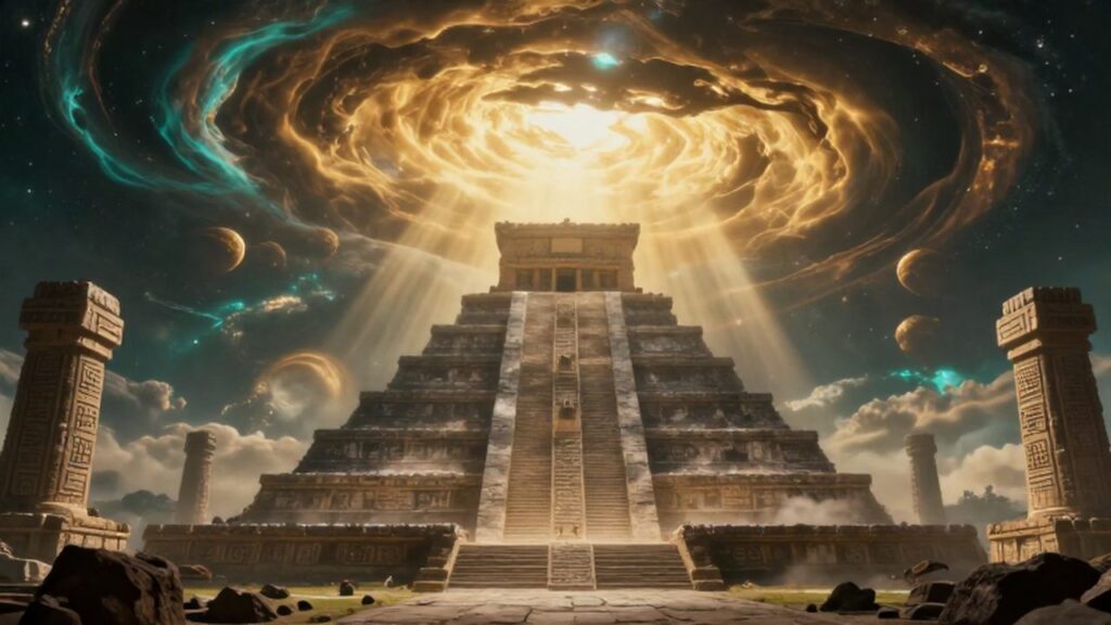 Pirámide azteca antigua bajo un cielo cósmico de nubes turquesas y luz dorada celestial.