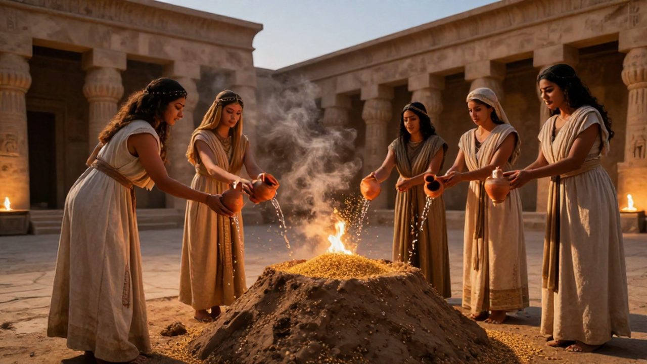 Sacerdotisas mesopotámicas vierten grano y agua sobre un montículo de tierra en un templo al atardecer.