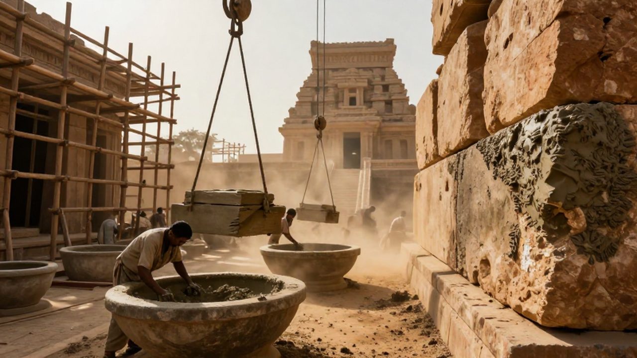Obreros trabajando en la construcción de un templo antiguo mezclando mortero y elevando bloques de piedra.