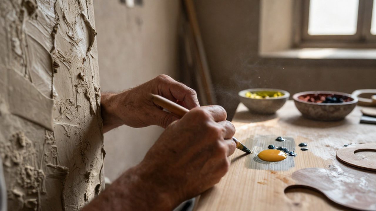 Manos de un artesano aplicando pigmentos sobre una pared de fresco y un panel de madera.