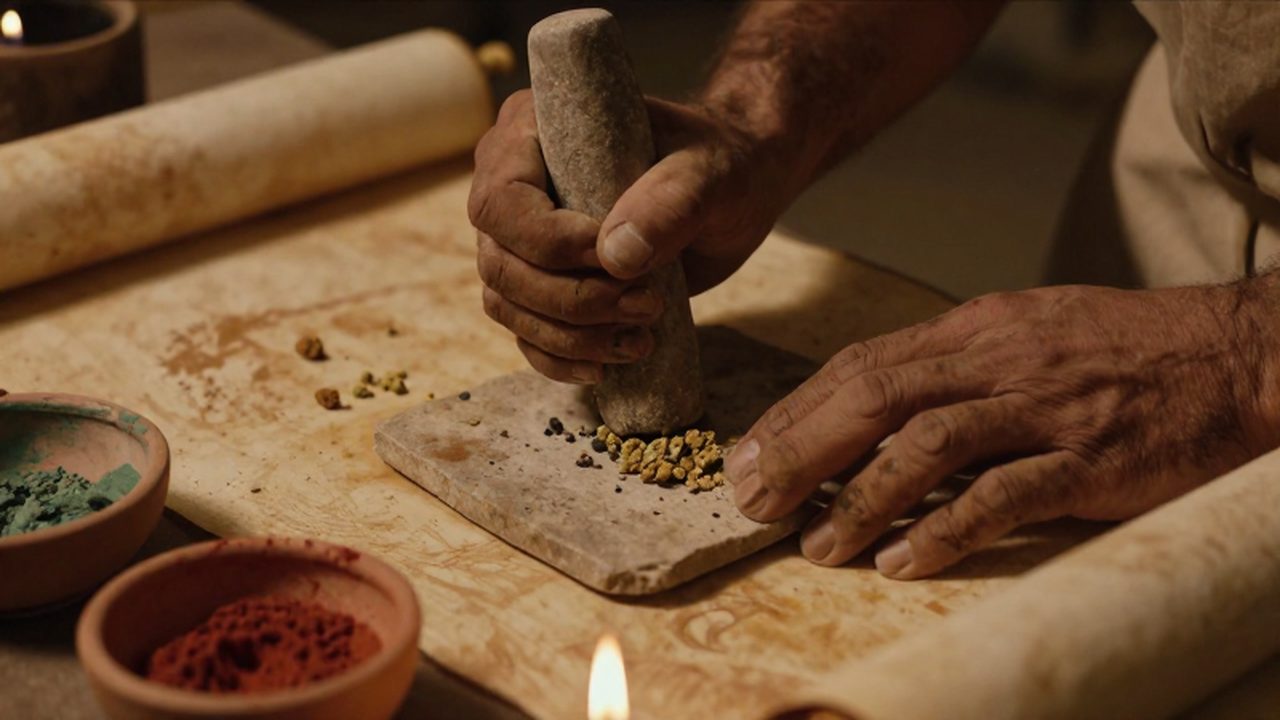 Manos de un artesano egipcio moliendo pigmentos minerales sobre una losa de piedra.