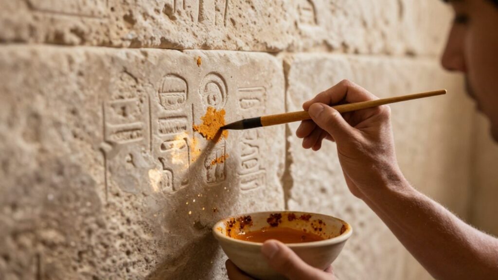 Un artesano egipcio aplica pigmento ocre sobre una pared de piedra con un pincel fino.