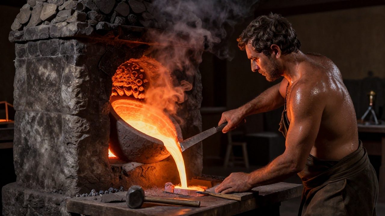 Escultor en la antigua Grecia vertiendo bronce fundido y brillante sobre un molde de arcilla.