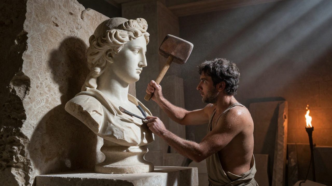 Escultor antiguo trabajando con cinceles en un busto de mármol dentro de un taller iluminado por antorchas.