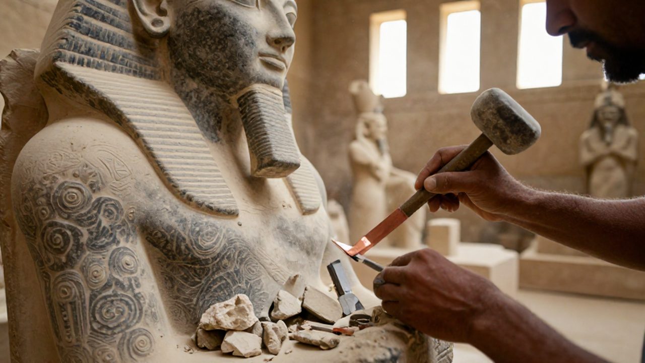 Manos de un artesano tallando con cincel de cobre una estatua de granito de un faraón.