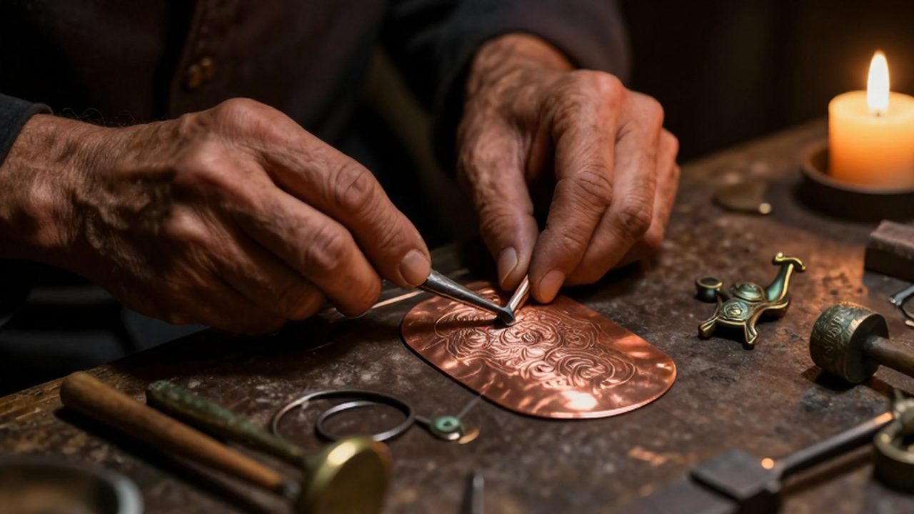 Manos de un artesano antiguo martillando con detalle una lámina de cobre sobre un banco de piedra.