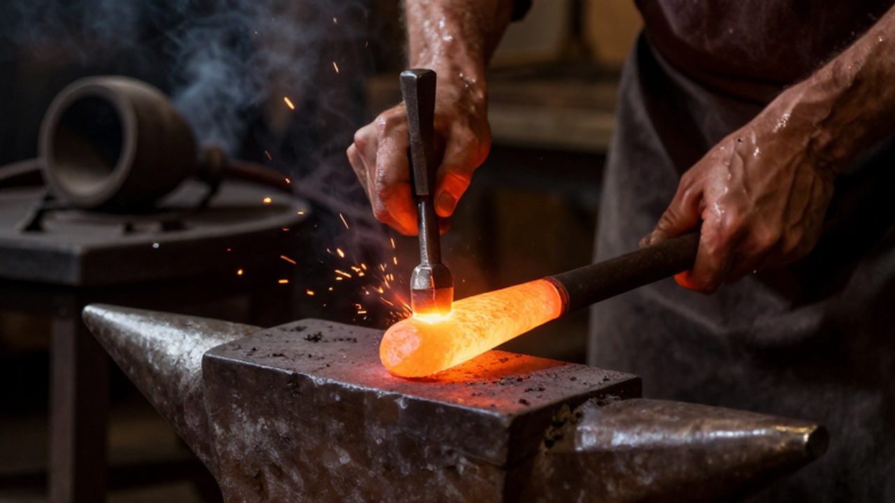 Manos curtidas de un herrero antiguo golpeando un lingote de cobre incandescente en una forja oscura.