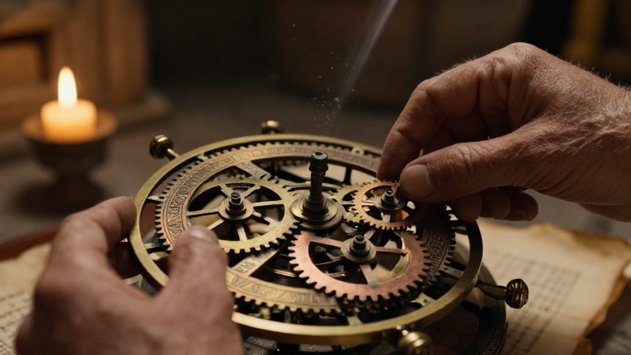 Manos de un astrónomo griego ajustando los engranajes de un mecanismo de bronce antiguo.
