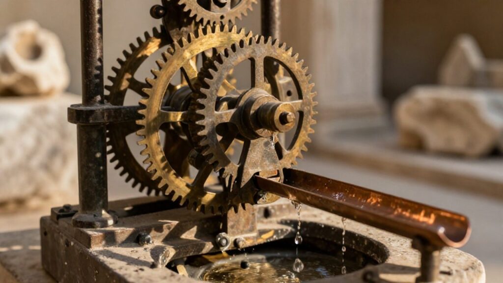 Engranajes de bronce de un antiguo reloj de agua griego con gotas de agua recorriendo canales de cobre.