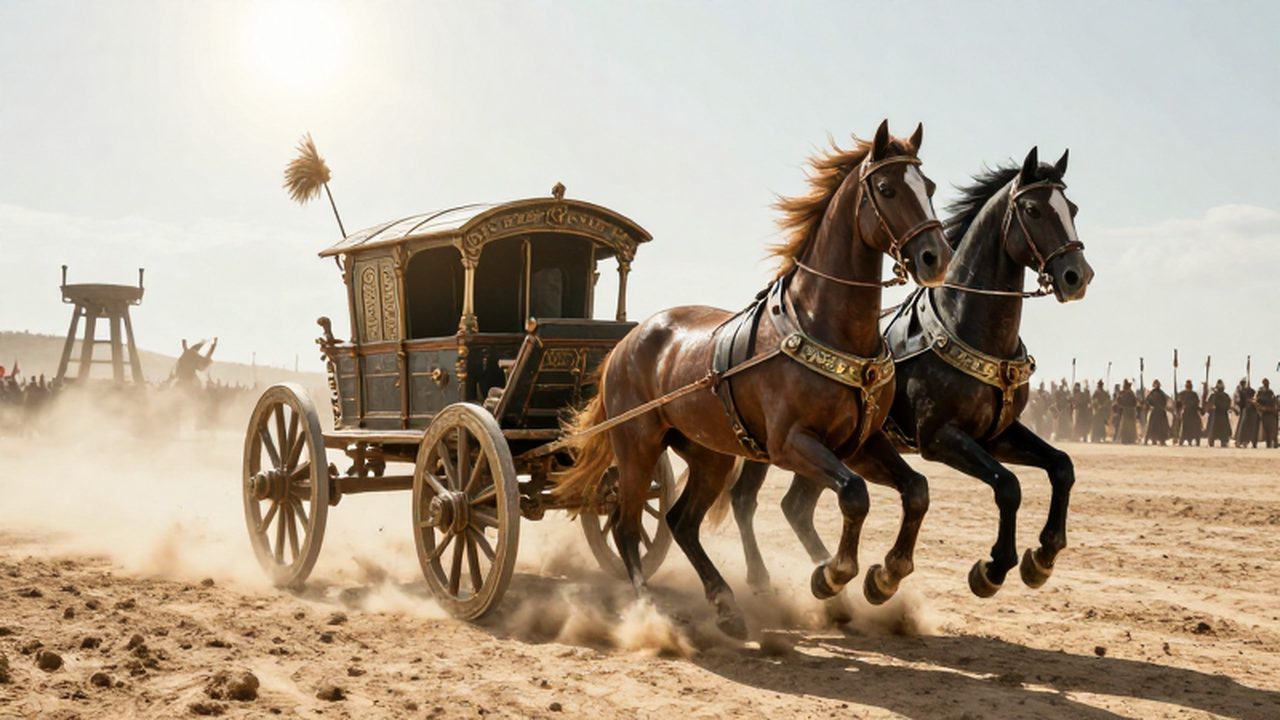 Carro de guerra antiguo tirado por dos caballos galopando entre nubes de polvo bajo el sol.