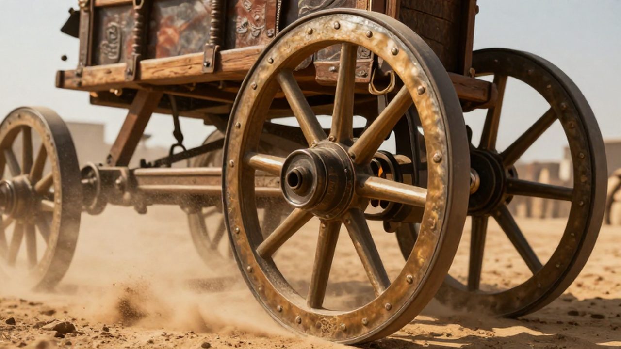 Rueda de bronce de un carro de guerra asirio girando entre el polvo de un campo de batalla.