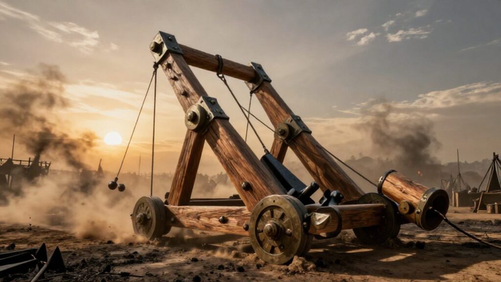 Gran catapulta de madera y bronce sobre un campo de batalla con tierra quemada al atardecer.
