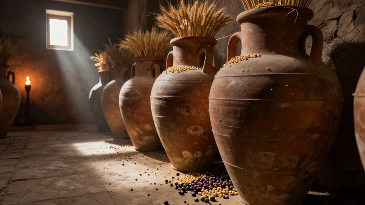 Grandes ánforas de terracota con granos y trigo en un sótano romano iluminado por antorchas.