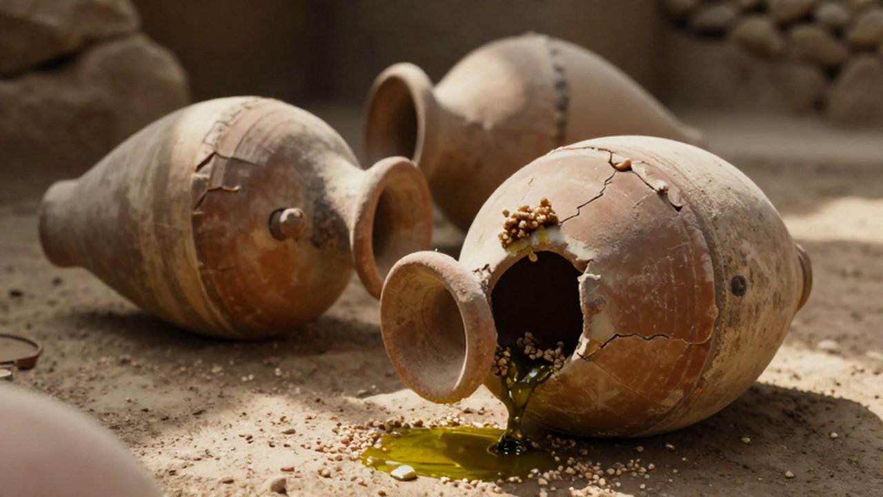 Anforas de terracota antiguas con restos de aceite y grano sobre un suelo arqueológico polvoriento.