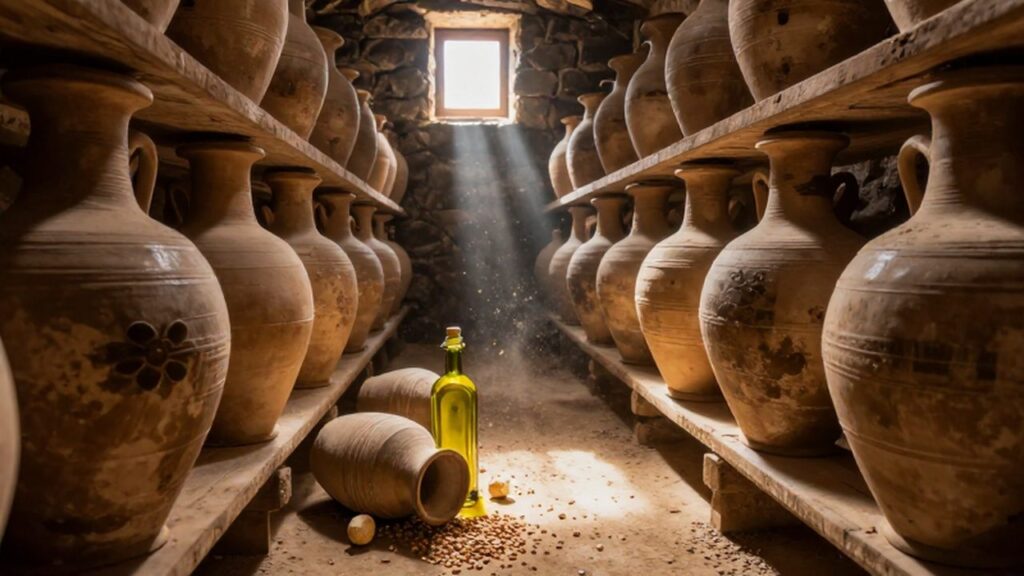 Anforas de terracota apiladas en estanterías de madera dentro de una bodega de piedra mediterránea.