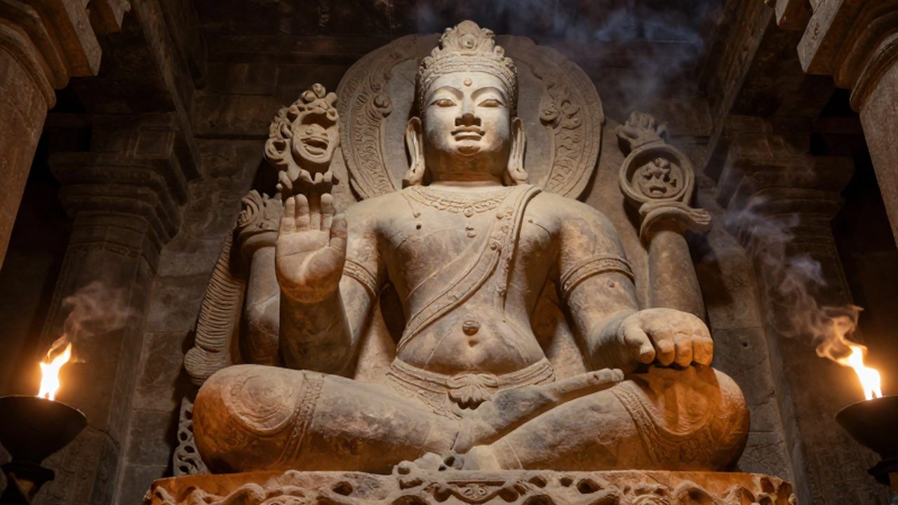 Escultura colosal de una deidad tallada en piedra dentro de un templo iluminado por antorchas.