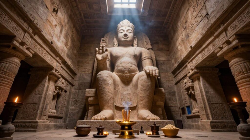 Gran estatua de una deidad tallada en el interior de un templo de piedra iluminado por lámparas y luz solar.