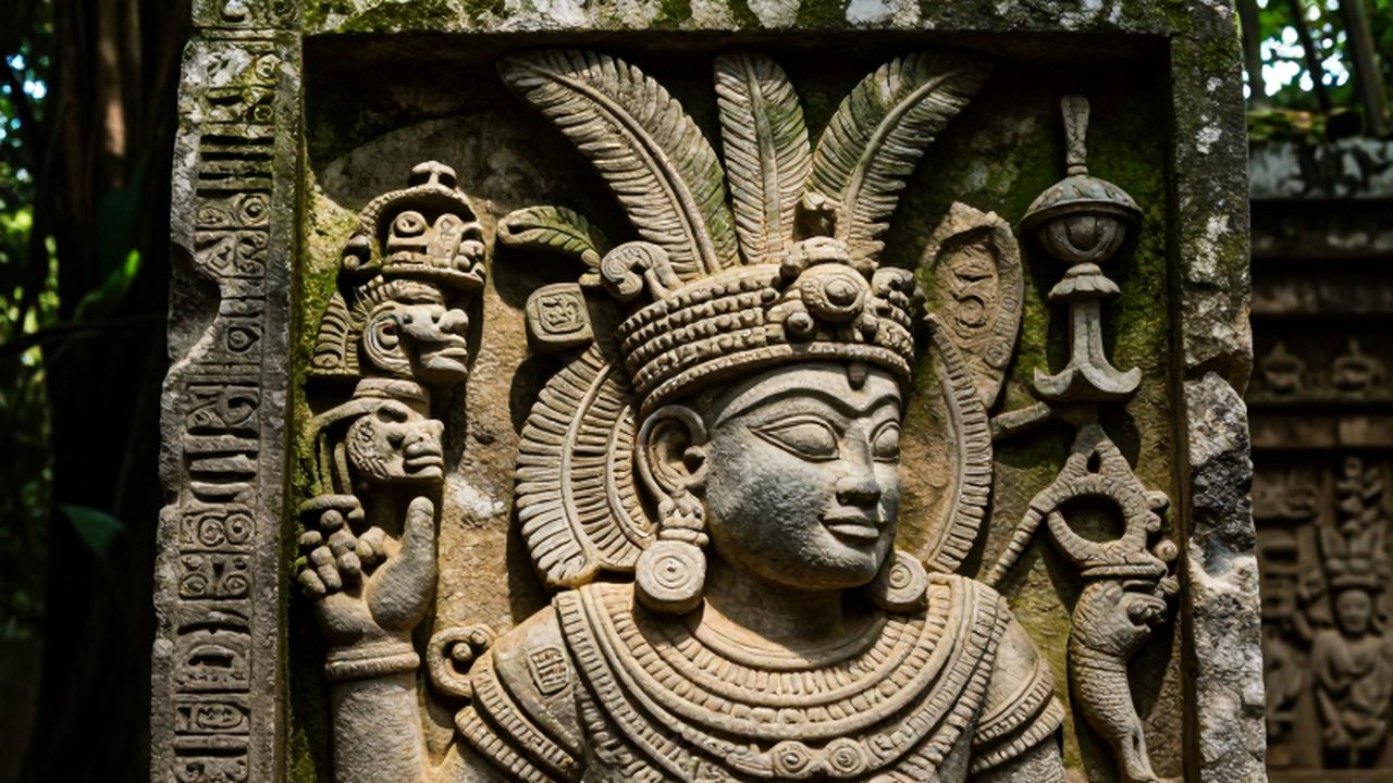 Relieve de piedra maya con la figura de un gobernante con un tocado de plumas.
