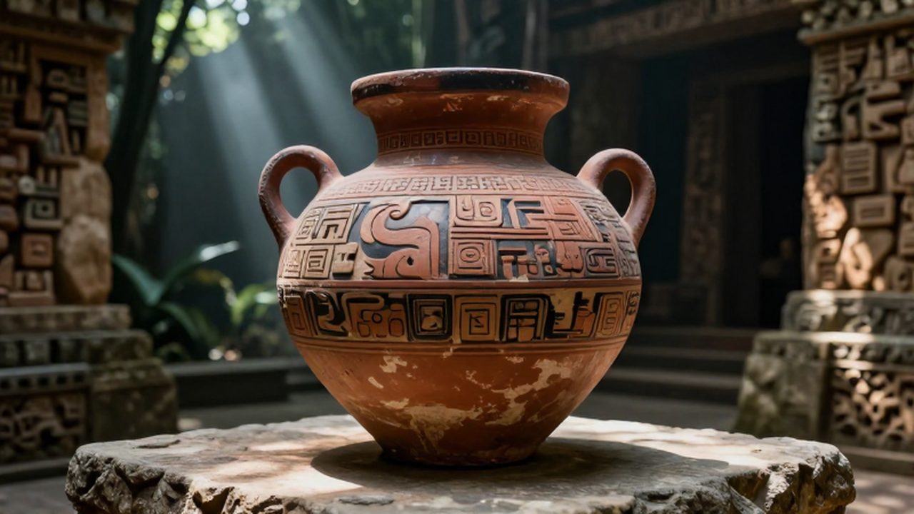 Vasija cerámica maya con figuras y glifos sobre un altar de piedra en un templo.