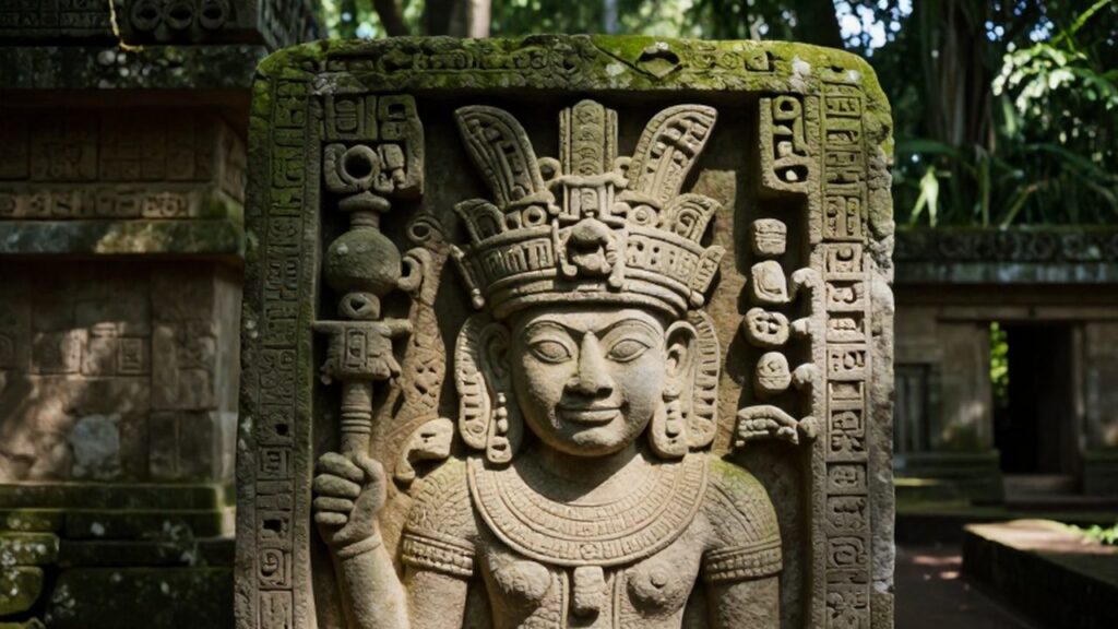 Relieve de piedra maya con un noble y glifos ornamentales en un templo selvático.