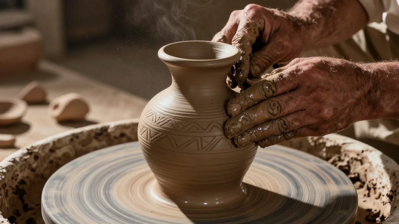 Manos de un alfarero moldeando una vasija de terracota con patrones geométricos en un taller antiguo.