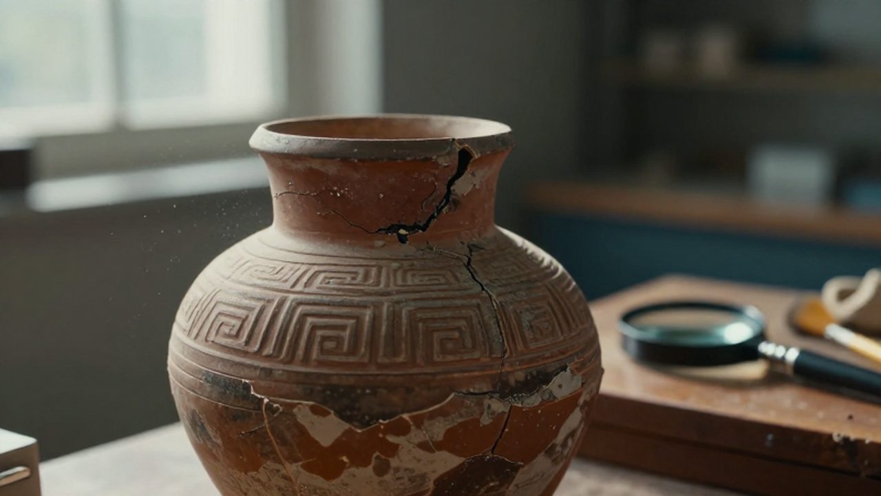 Fragmento de una vasija de cerámica antigua con patrones geométricos sobre un banco de arqueología.