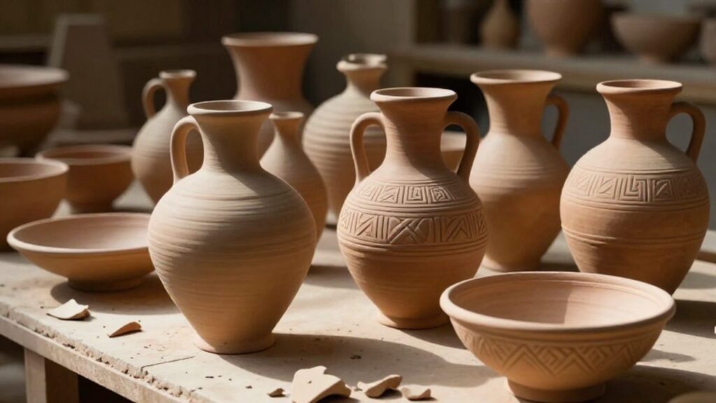 Vasijas de terracota con grabados geométricos y fragmentos de cerámica en un taller antiguo.