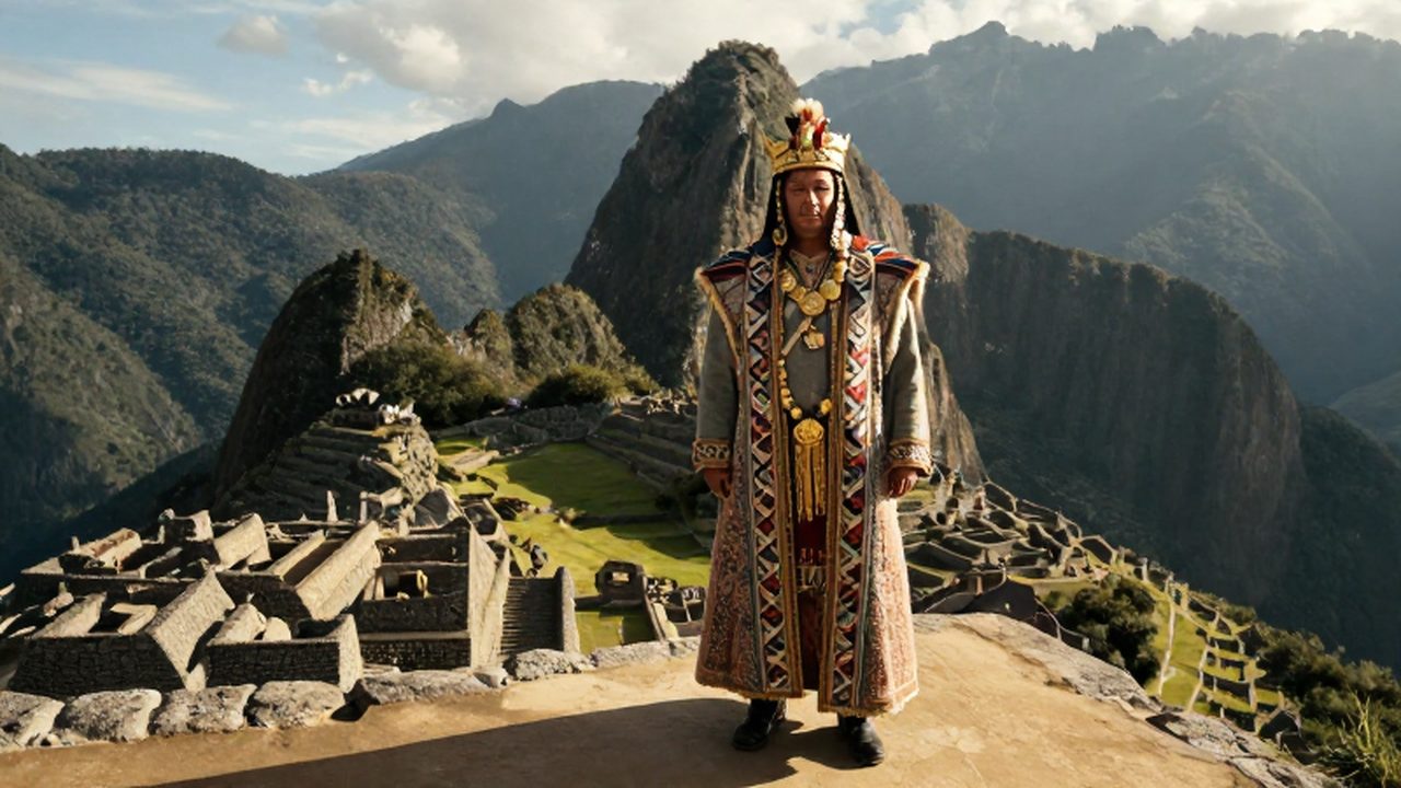 Emperador inca con vestiduras ceremoniales de oro sobre las terrazas de Machu Picchu.