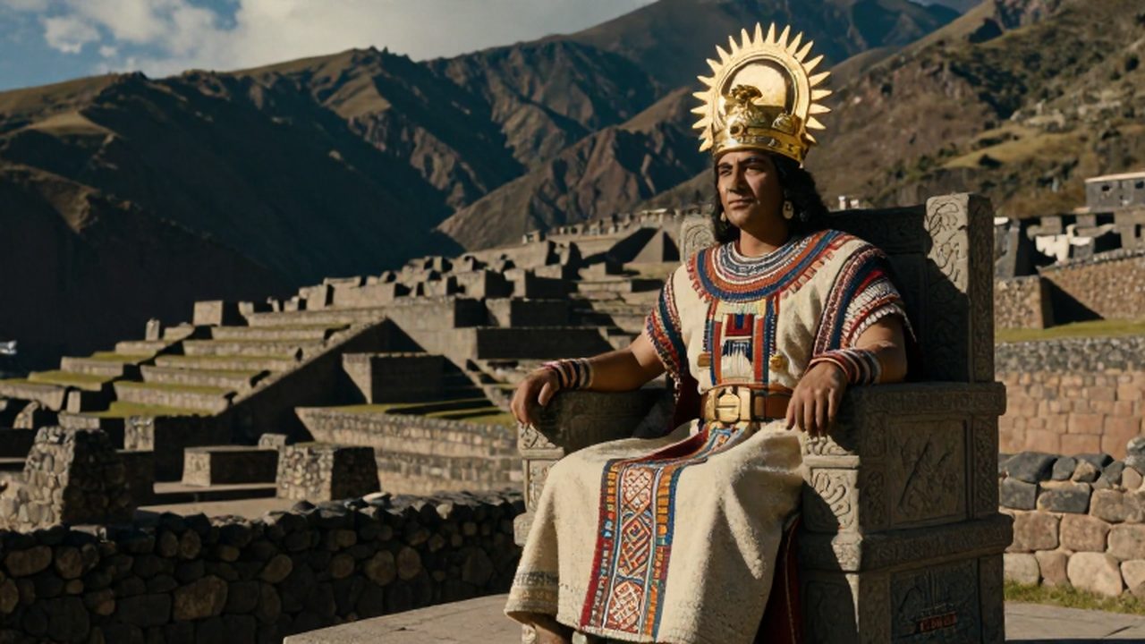 Un gobernante inca con corona de oro observa la ciudadela de Cusco desde su trono.
