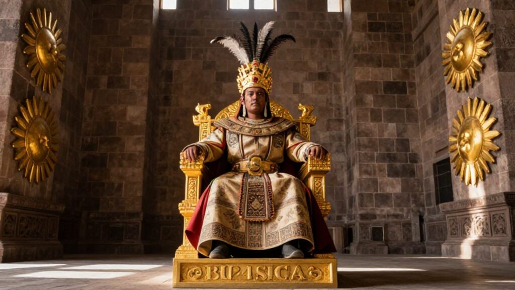 El Sapa Inca sentado en un trono de oro dentro de un majestuoso salón de Cusco.