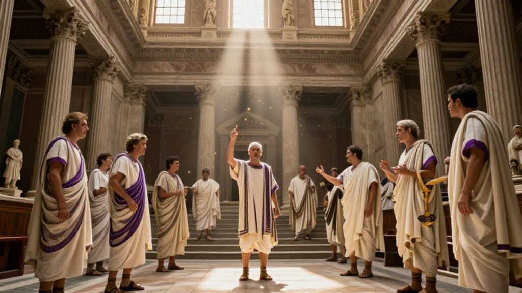 Senadores romanos con togas debaten en una majestuosa cámara de mármol iluminada por el sol.