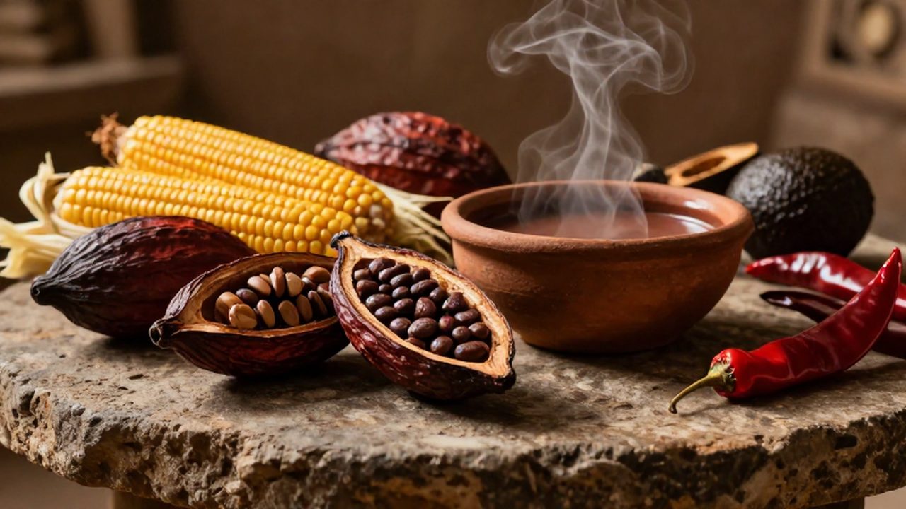 Banquete azteca sobre una mesa de piedra con cacao, maíz, chiles y chocolate caliente.