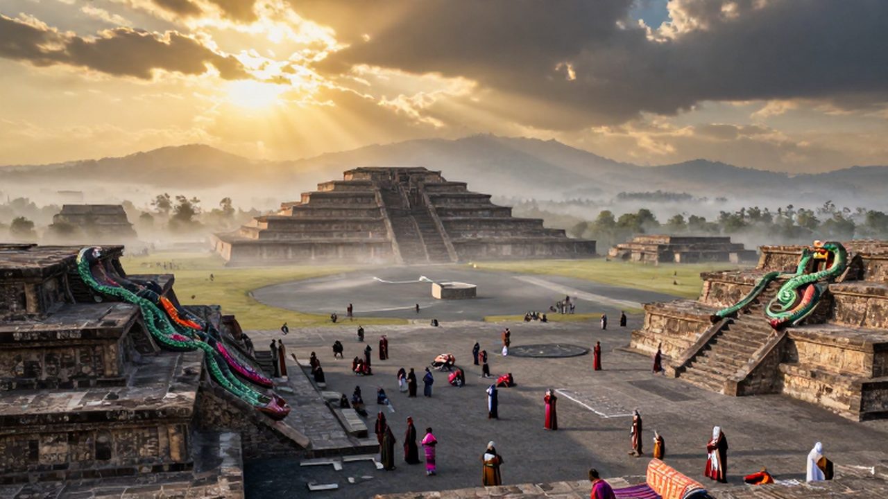 Vista panorámica de la ciudad azteca de Tenochtitlan con grandes pirámides al amanecer sobre un lago brumoso.