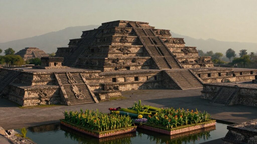 Grandes pirámides de piedra de Tenochtitlán sobre una ciudad lacustre con jardines flotantes al atardecer.