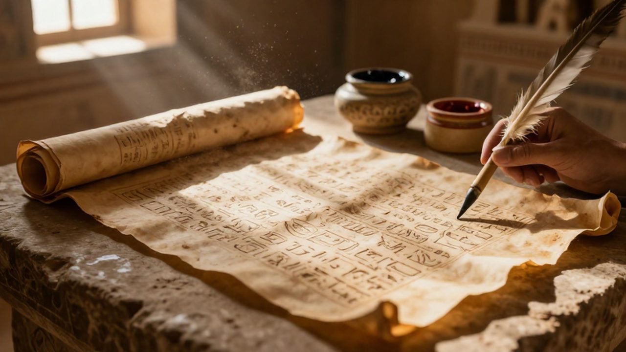 Escritorio de un escriba egipcio con rollos de papiro, jeroglíficos en piedra y tintas antiguas.